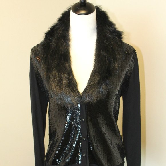 Jones New York, Wool Blend Faux Fur Sequin Button Front Black Sweater, PS - Picture 1 of 11